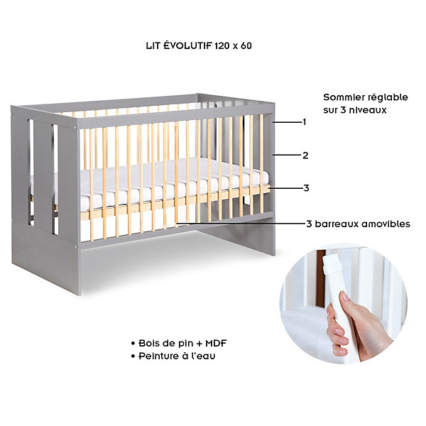 Lit Bébé Enfant évolutif à Barreaux Avec Sommier Réglable Gris / Bois 120x60 Cm