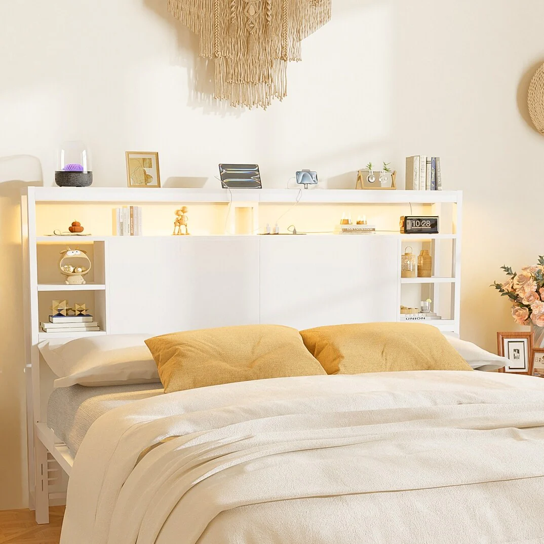 Headboards with Storage Shelves, Head Board with Power Outlet and LED Light for Bed Frame