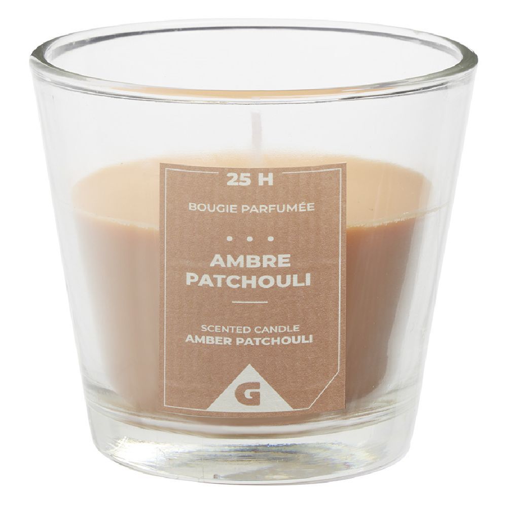 Bougie parfumée dans verre senteur ambre patchouli Ø9xH8,3cm 25H