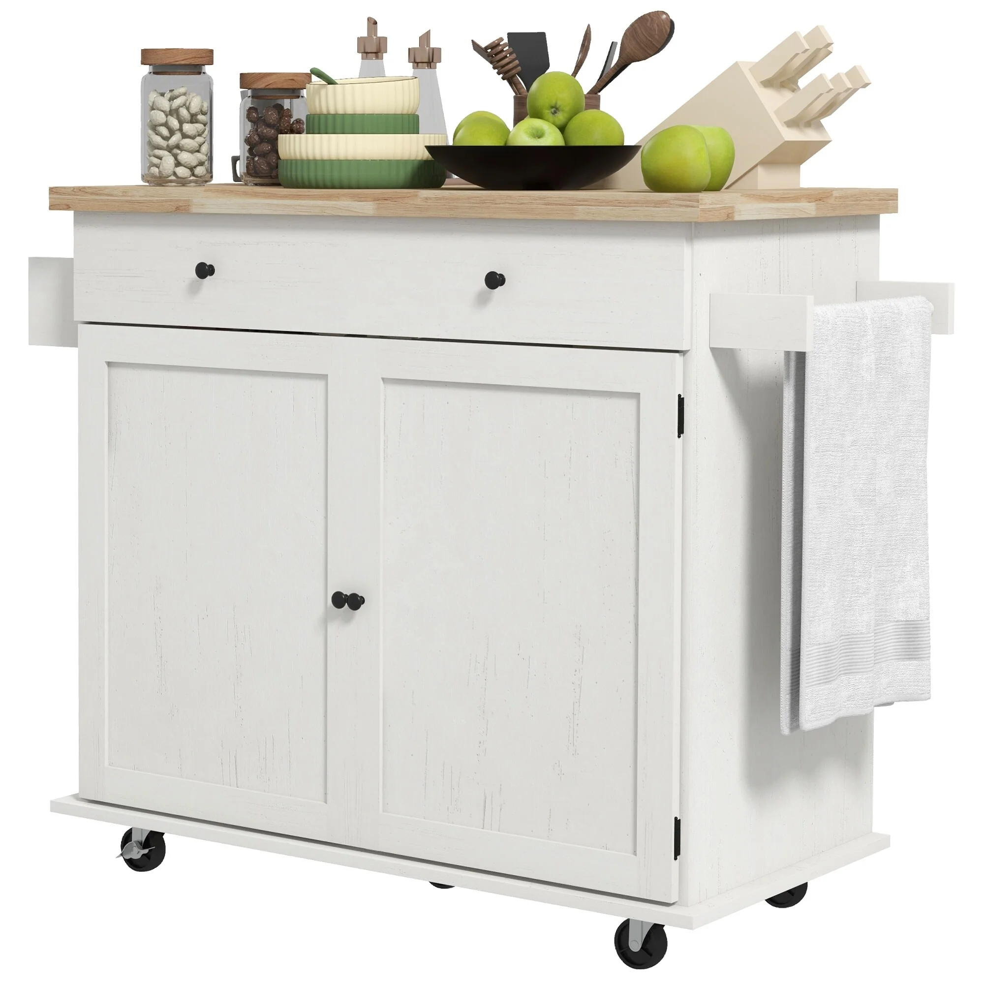 Rolling Kitchen Island Cart on Wheels with Drawer, 2 Cabinets, Rubberwood Top, Spice Rack, Towel Racks and 2 Hooks
