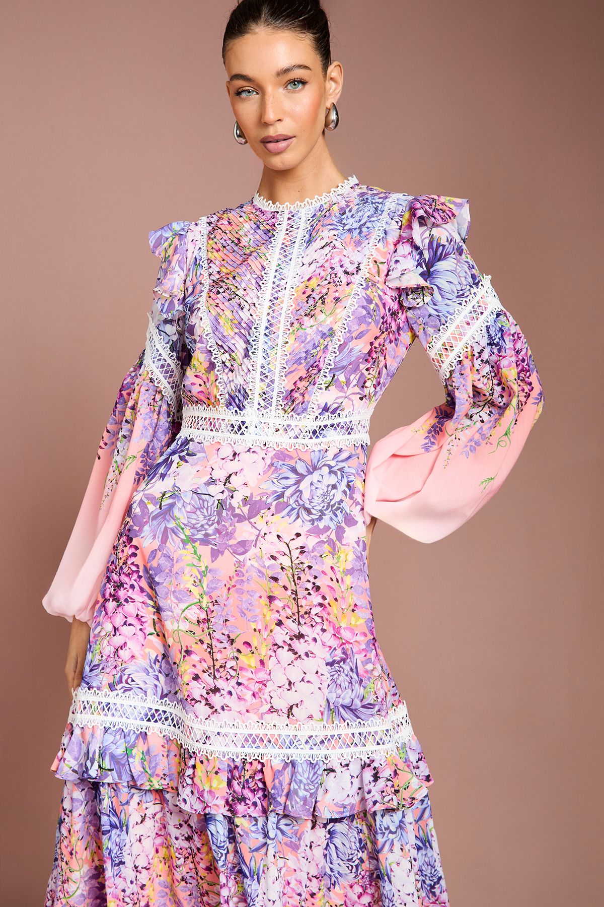 Coast Placement Print Lace Frill Detail Maxi Dress