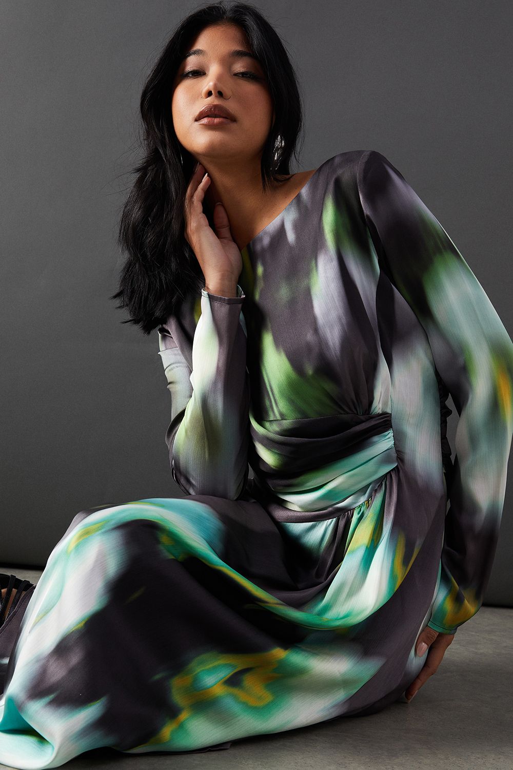 Warehouse Printed Satin Knot Front Asymmetric Hem Midi Dress