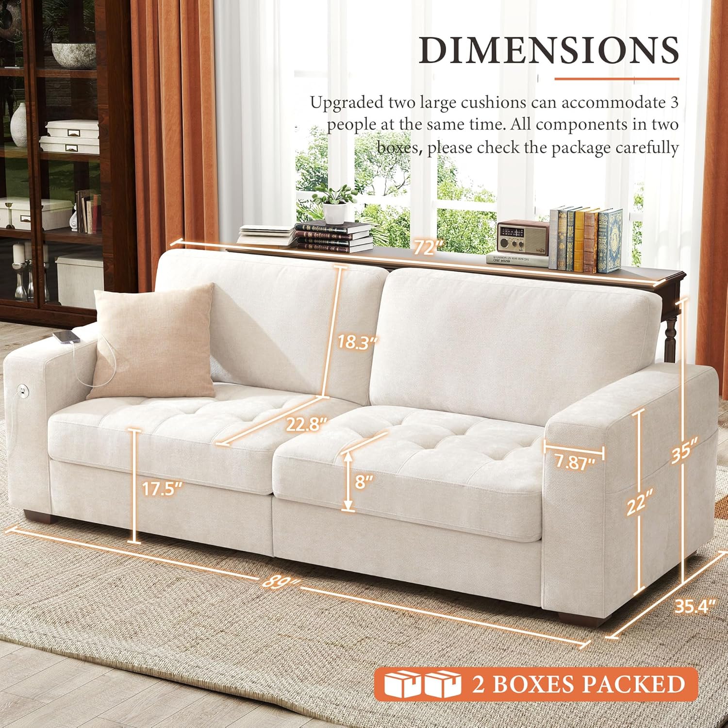 Ihanherry 89 Modern Sofa Cloud Couch, Chenille Deep Seat Sofa with Removable Cover for Living Room, Bedroom and Apartment, Beige
