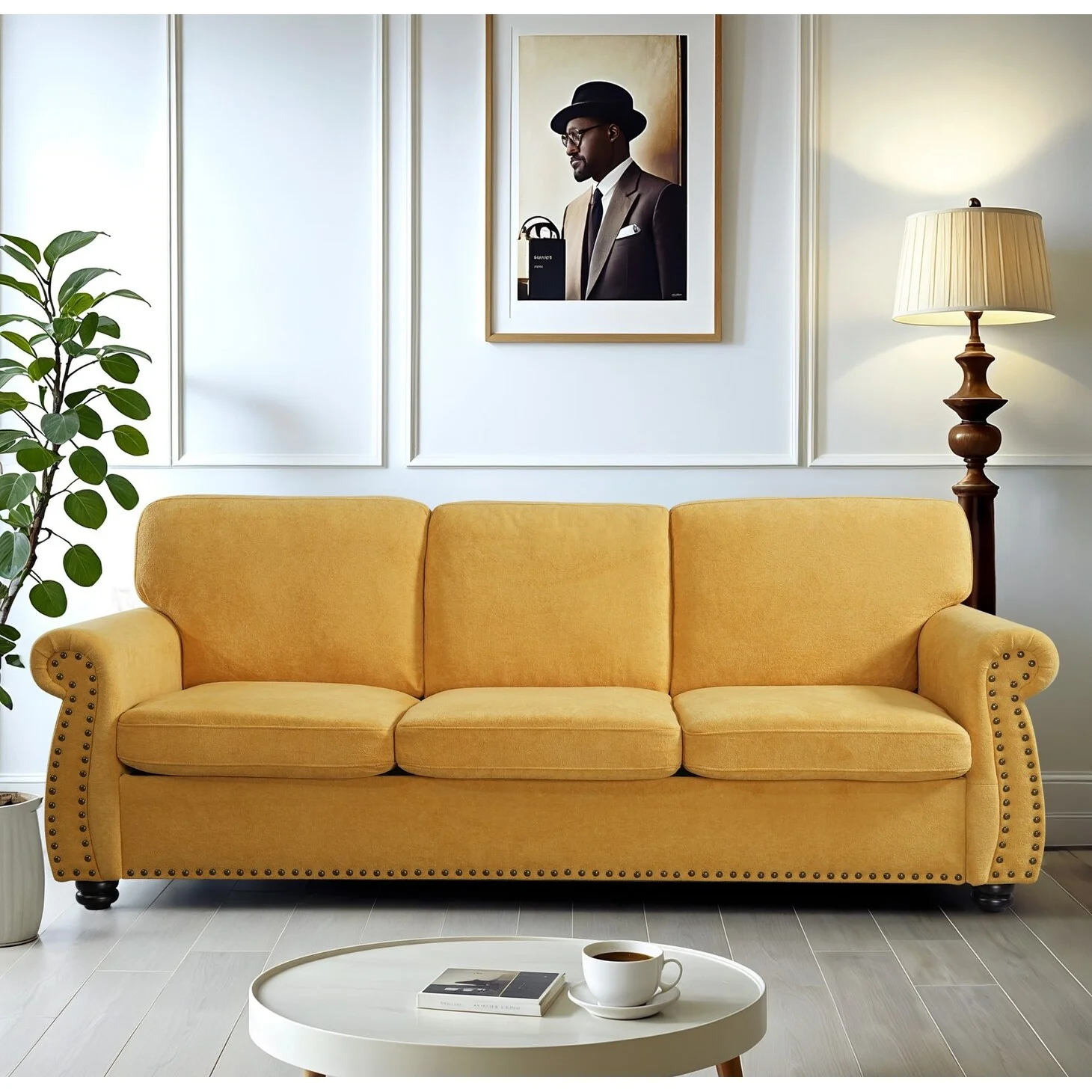 Soft Velvet Sofa, Upholstered 3 Seater Couch With High-Density Foam, Loose Back Cushions And Solid Wood Turned Legs