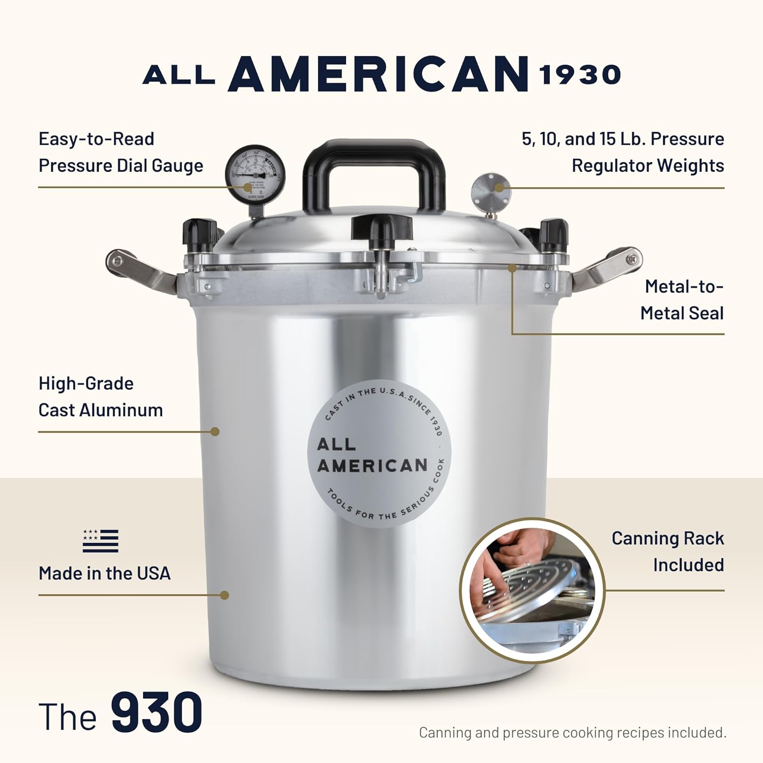 All American 1930: 30qt Pressure Cooker/Canner (The 930) - Exclusive Metal-to-Metal Sealing System - Easy to Open & Close - Suitable for Gas or Electric Stoves - Made in the USA