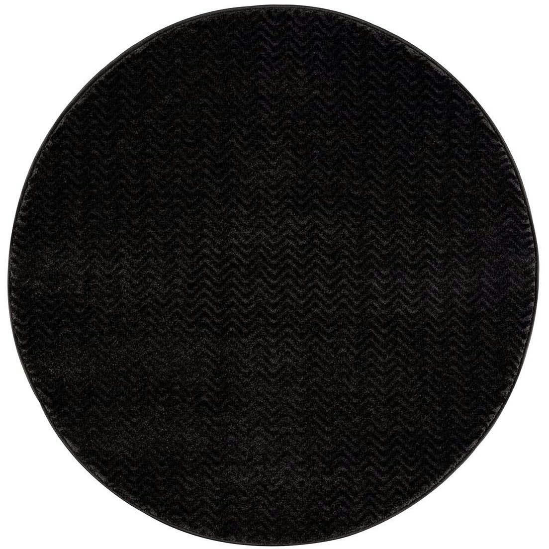 TARA - Tapis rond uni noir à relief chevron 200x200cm