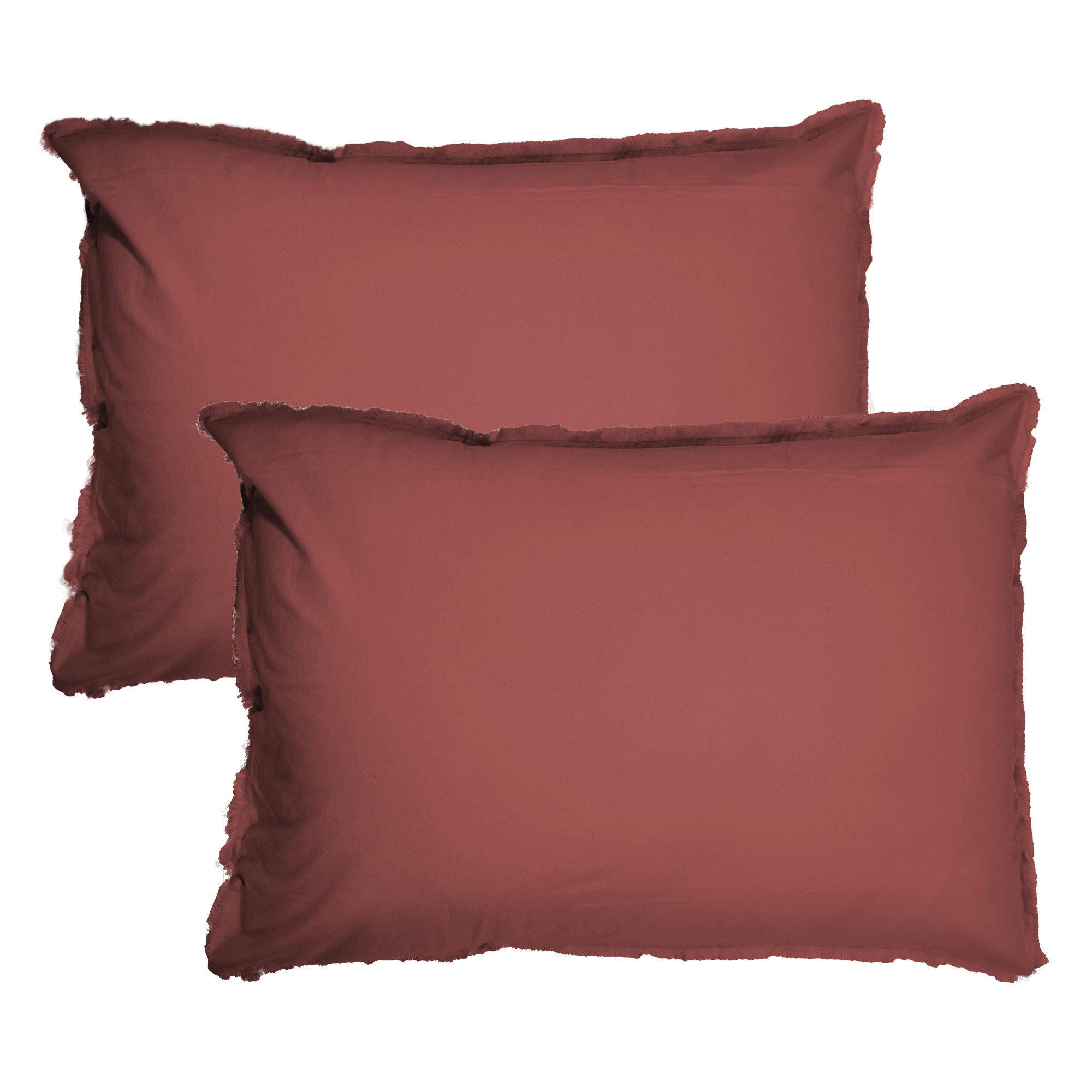 COTON LAVÉ - Set de 2 taies d’oreiller unies finition à franges Lie De Vin 65x65cm