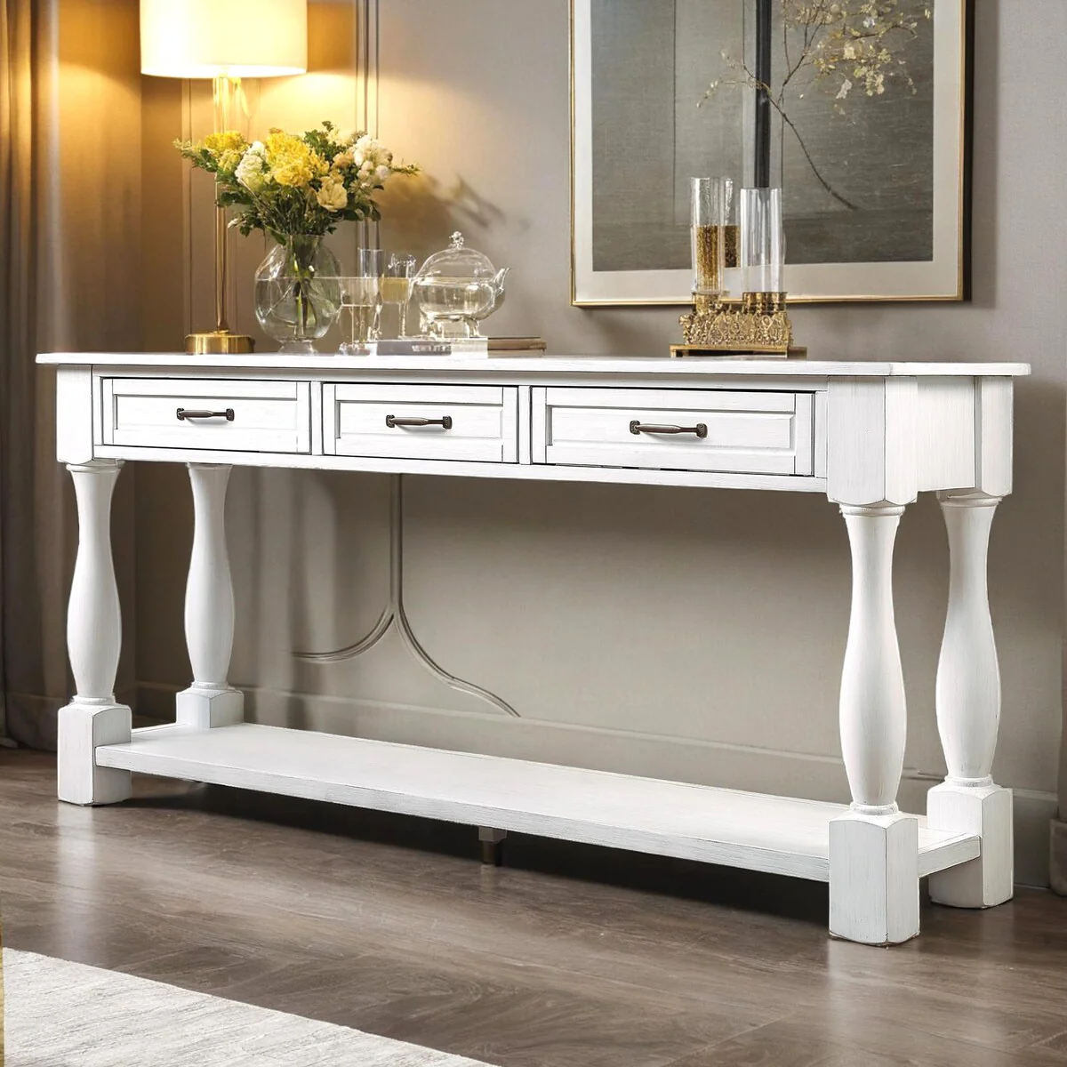 Wood Console Table with Drawers and Shelf