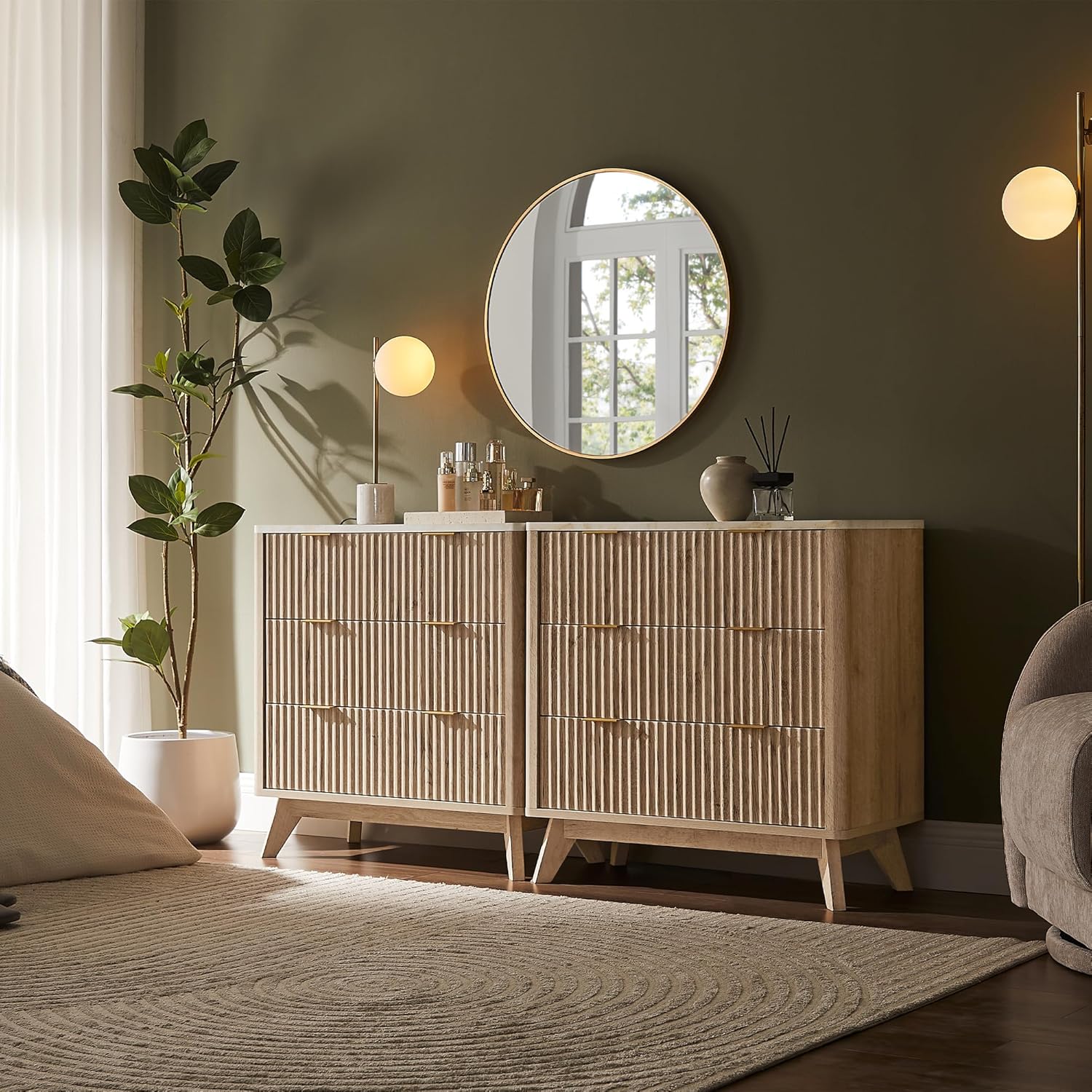 T4TREAM Set of 2 Fluted 3 Drawer Dresser, 32 Tall Modern Chest of Drawers with Faux Marble Top, Curved Profile Design, Wood Organizer for Bedroom, Living Room, Hallway, Entryway, Natural Oak