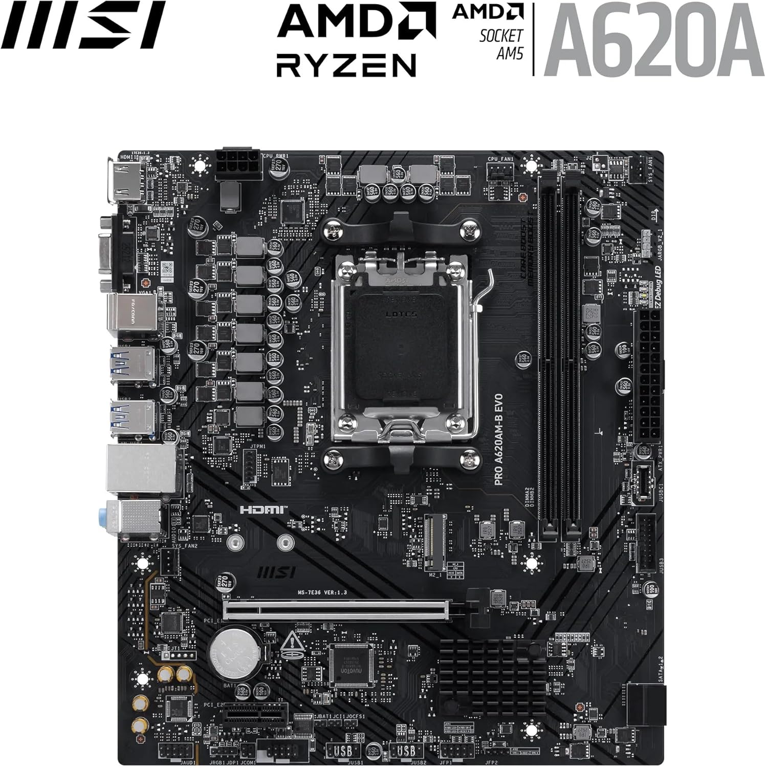 MSI PRO A620AM-B EVO Motherboard, Micro-ATX - Supports AMD Ryzen 9000/8000 / 7000 Processors, AM5 - DDR5 Memory Boost (6800+ MT/s OC), 1 x PCIe 4.0 x16, 1 x M.2 Gen4
