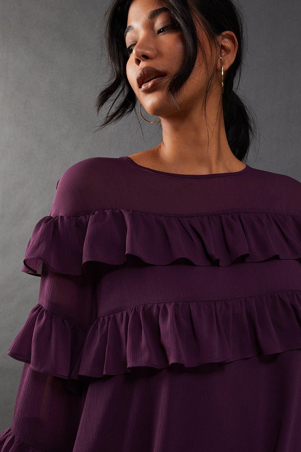 Warehouse Chiffon Ruffle Flared Sleeve Mini Smock Dress
