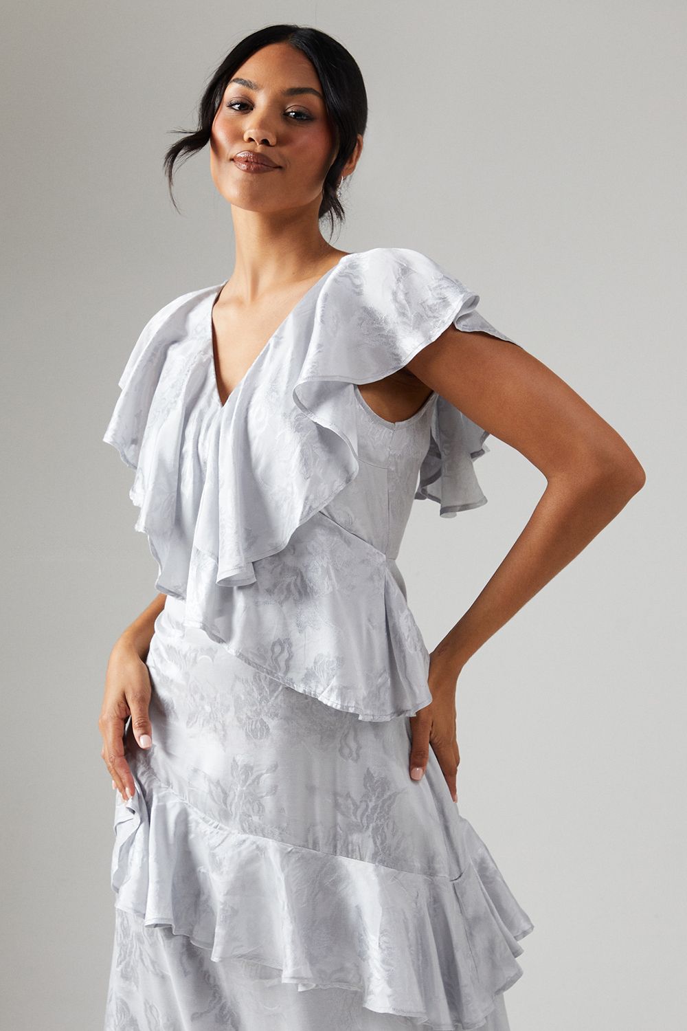 Coast Satin Jacquard Ruffle Detail Bridesmaid Dress