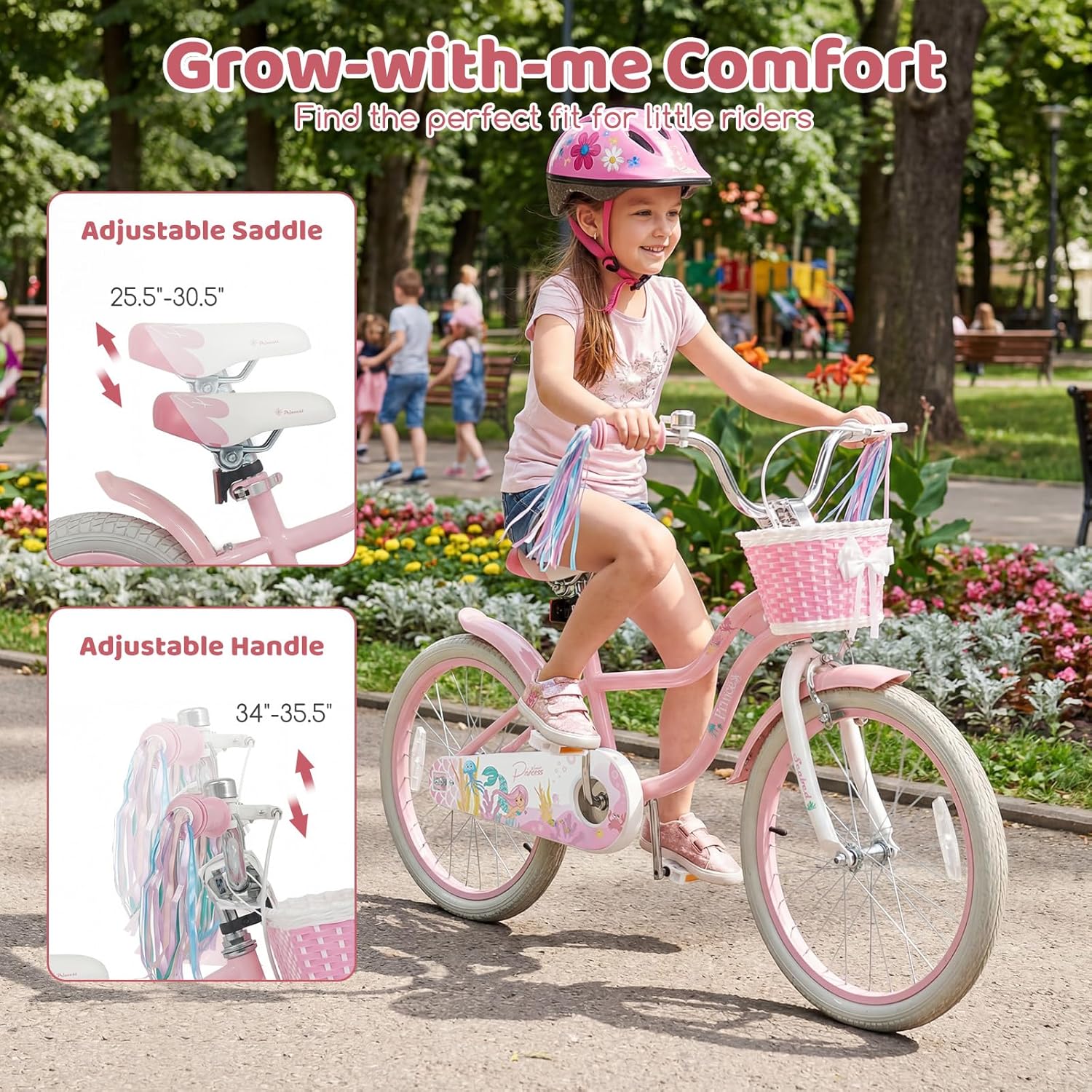 COSTWAY Mermaid Kids Bike, 12/14/16/18/20 Inch Toddler Bike w/Removable Training Wheels, Streamers, Doll Storage Basket, Handbrake & Coaster Brake, Children Kids Bicycle for 3+ Years Old Boys & Girls