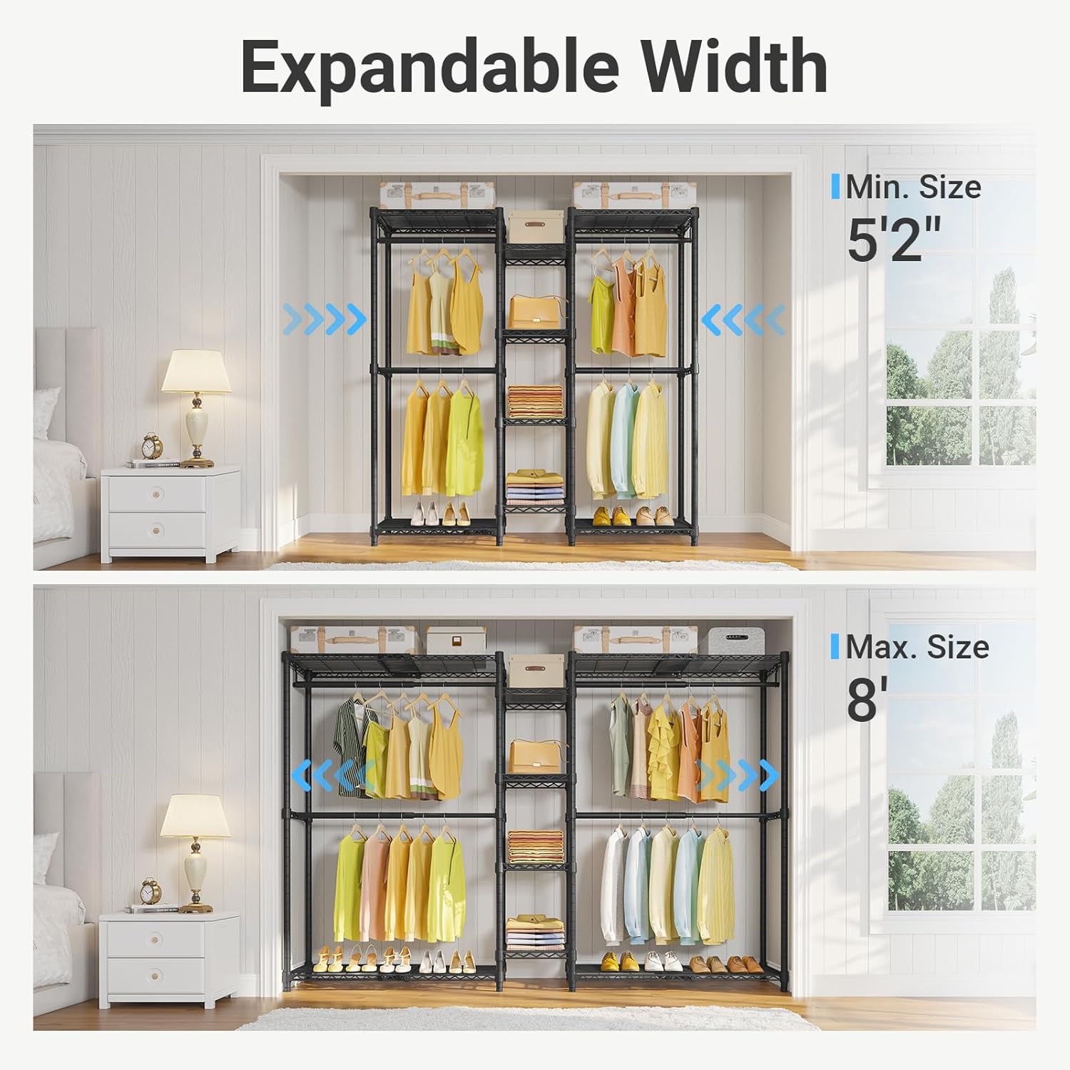 VIPEK X3 Expandable Heavy Duty Clothes Rack Adjustable from 5'2 to 8' with Adjustable Shelves and Hanger Rods, Large Freestanding Clothing Racks Reach-in & Walk-in Closet, Max Load 1210LBS, Black