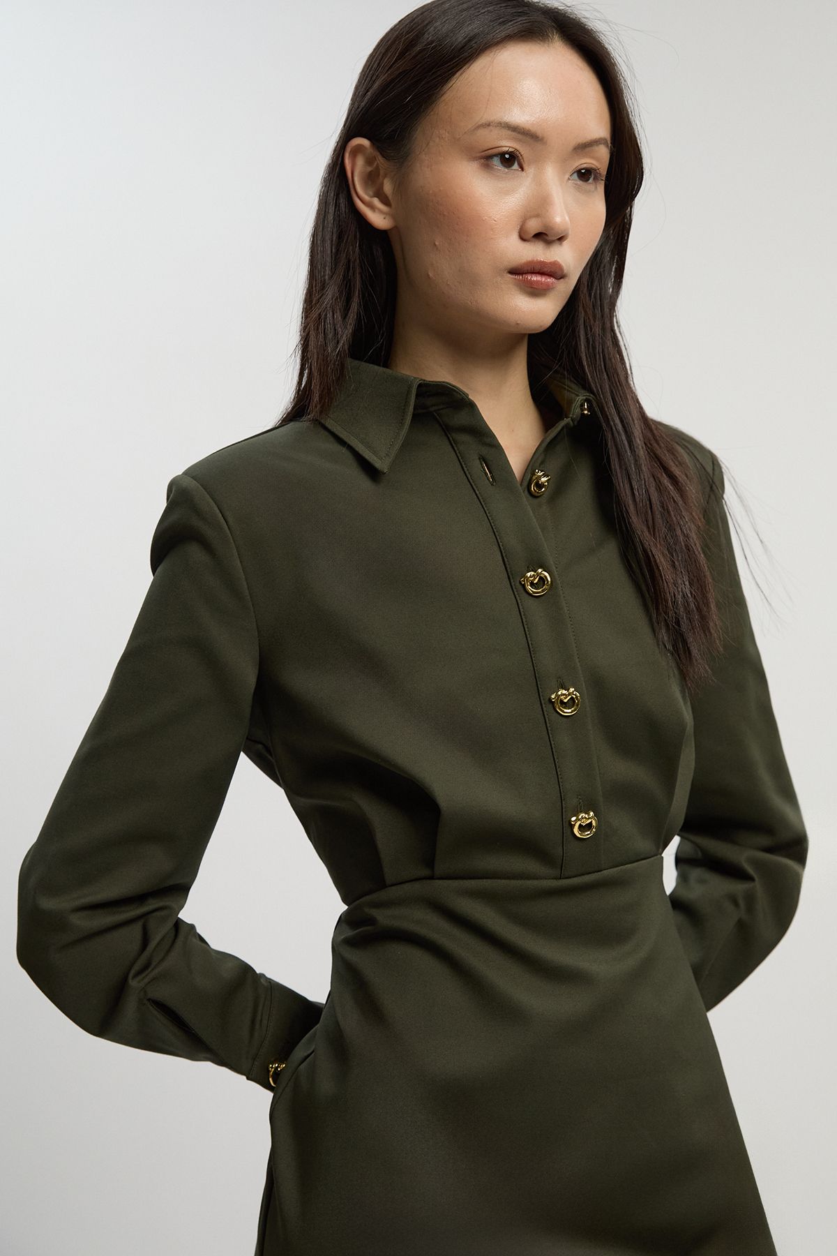 KarenMillen Techno Cotton Woven Mini Shirt Dress With Gold Clasps