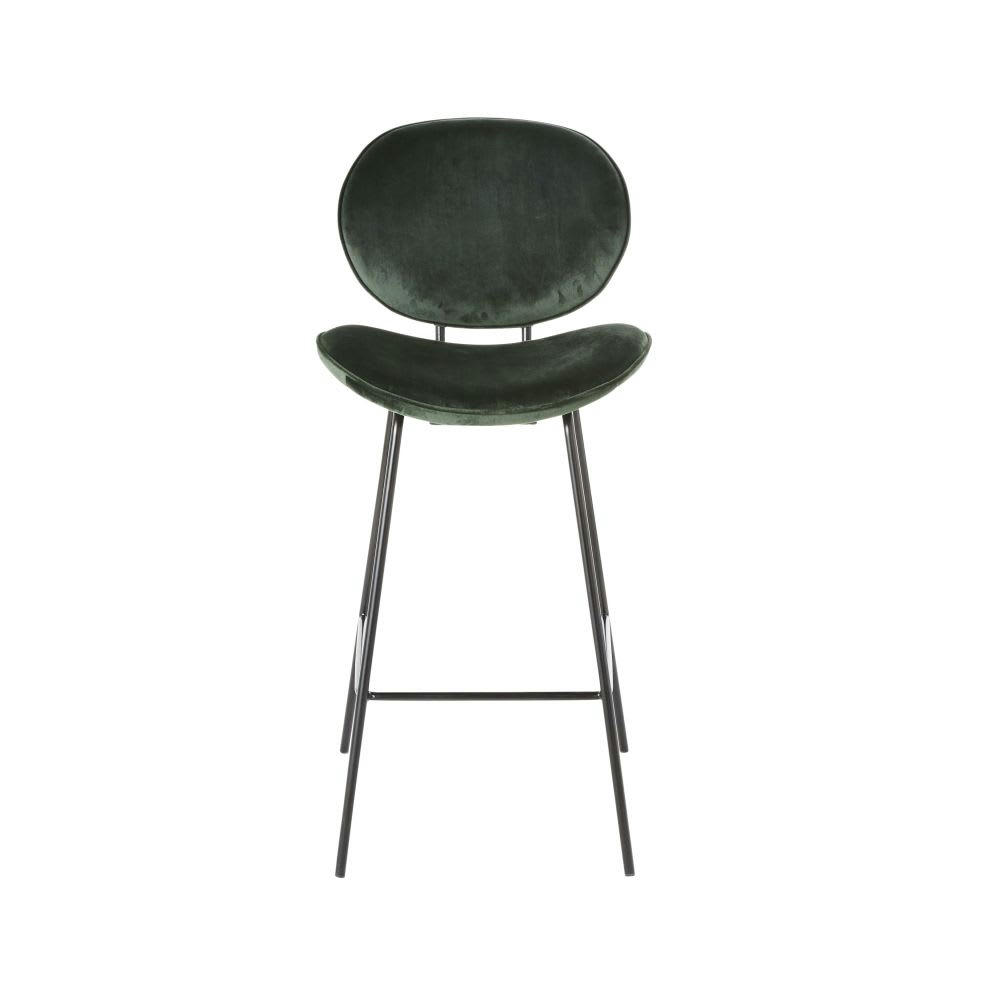 Luna - Chaise de bar en velours vert et métal noir H73