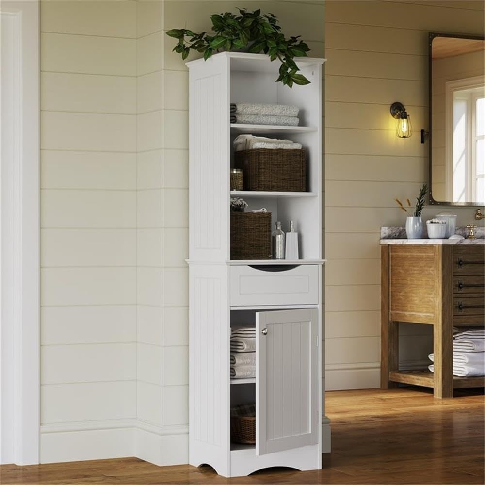 RiverRidge, White Ashland Bathroom Freestanding Storage Cabinet with Three Open Shelves and Drawer