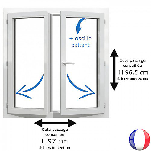 Fenêtre PVC blanc 2 vantaux hors tout H 96 x L 96 cm oscillo battant pour pose rénovation