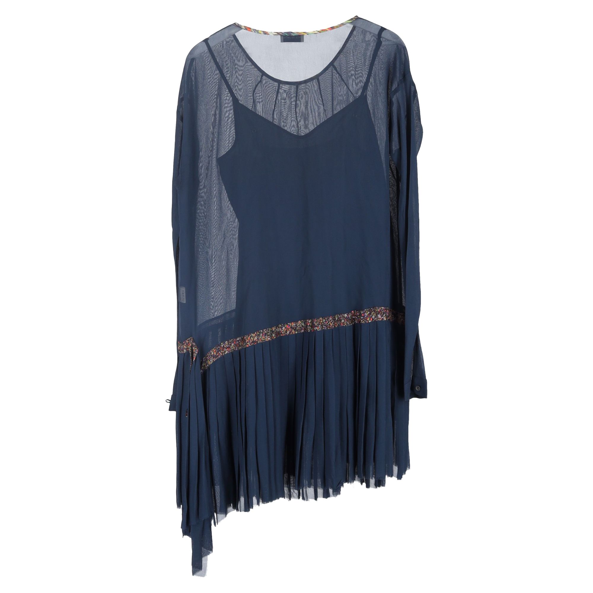 Dries Van Noten Preloved Sheer Asymmetric Pleated Hem Dress in Navy Blue Rayon