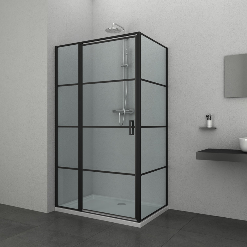 Porte de douche pivotante avec paroi fixe Loft-Game noir 90 x 120 x 200 cm ALLIBERT