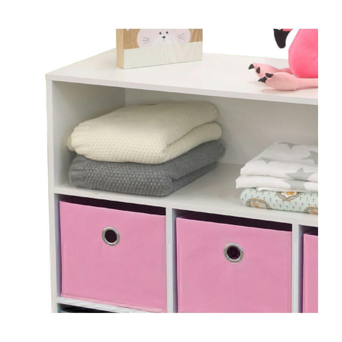 - Meuble de rangement chambre enfant blanche avec 6 paniers rose et gris