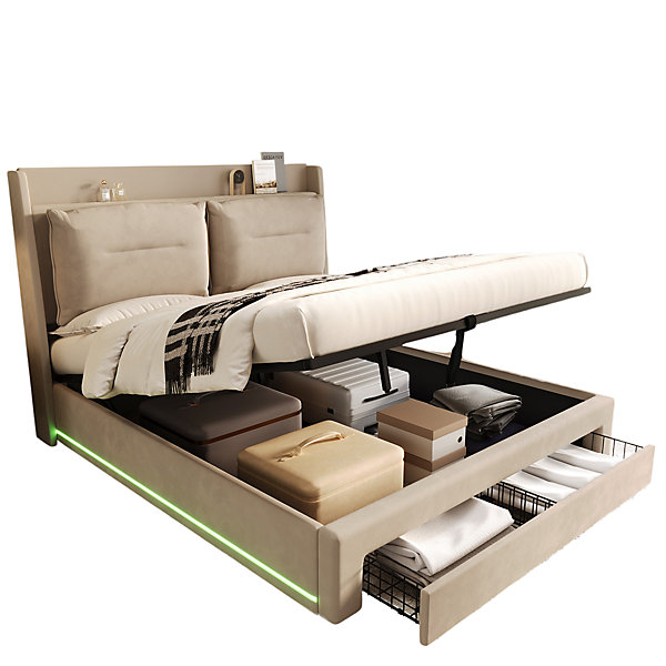 Lit rembourré hydraulique 180x200cm, tiroirs de rangement, avec sommier à lattes, sans matelas, velours, beige