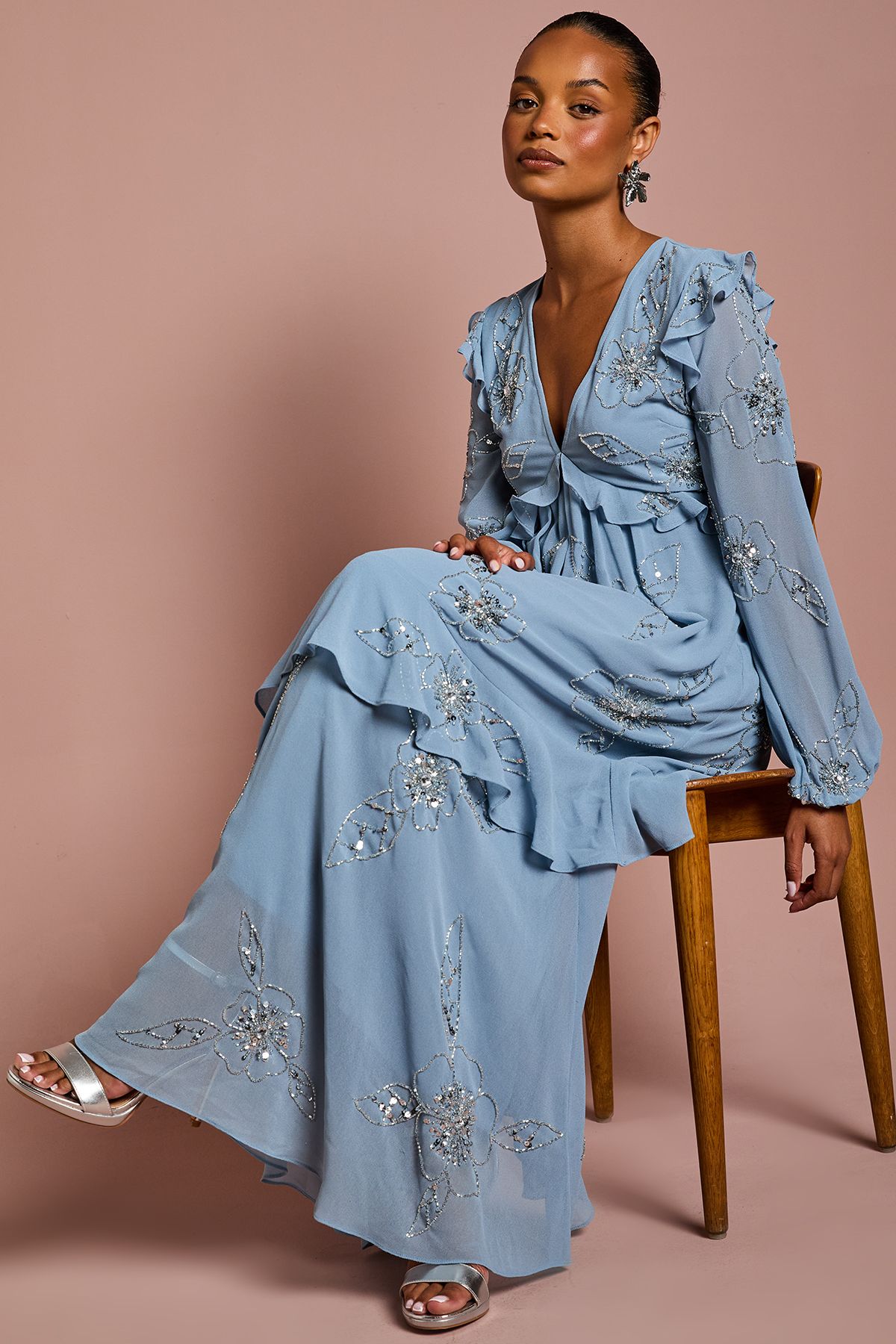 Coast Petite V Neck Long Sleeve Embellished Flower Tiered Georgette Midi Dress