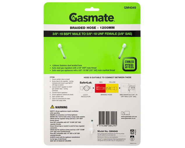 Gasmate Braided Hose -1200mm (3/8" BSPT TO 5/8" UNF (3/8" SAE))