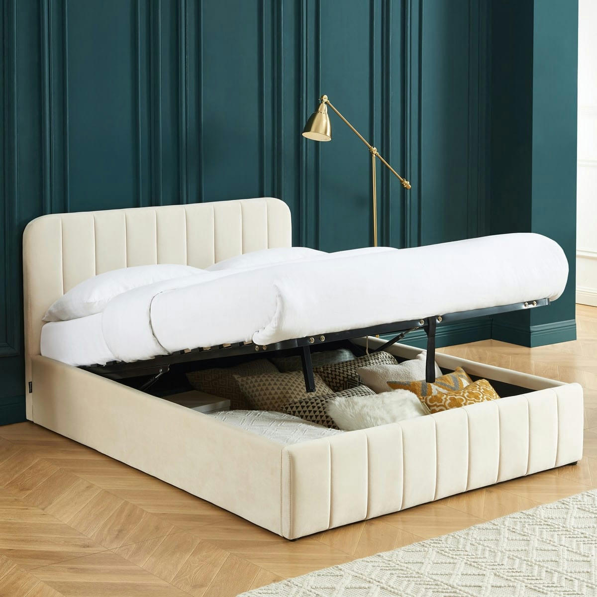 AVA - Lit coffre 140x190 velours beige + tête de lit + sommier