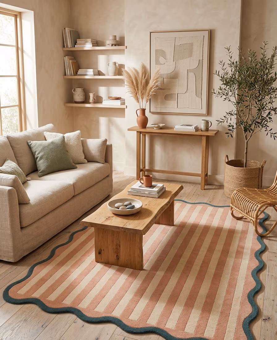 Scalloped Stripe Area Rug, Wavy Border Rug, Modern Handmade Wool Rug, Pink Cream Living Room Rug, Bedroom Carpet, Soft Rugs Custom Size Rug