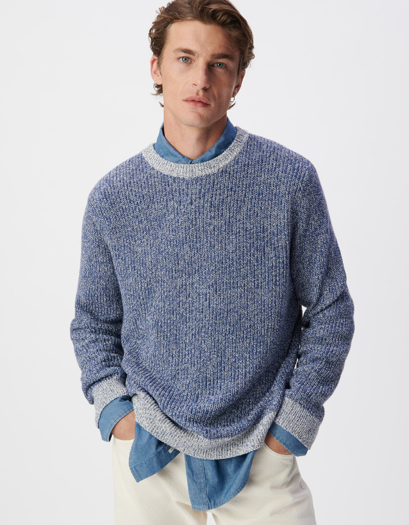Pull bleu tricot mouliné Homme