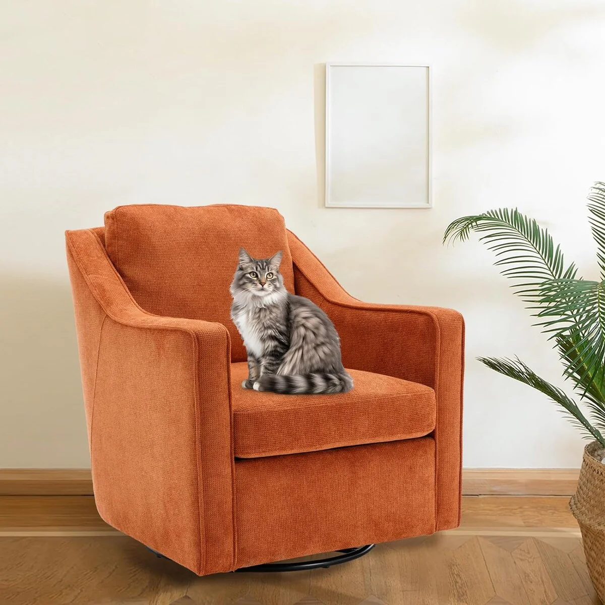 Upholstered 360° Swivel Accent Chair with Track Arms, Thick Padded Arm Chair with Solid Metal Base