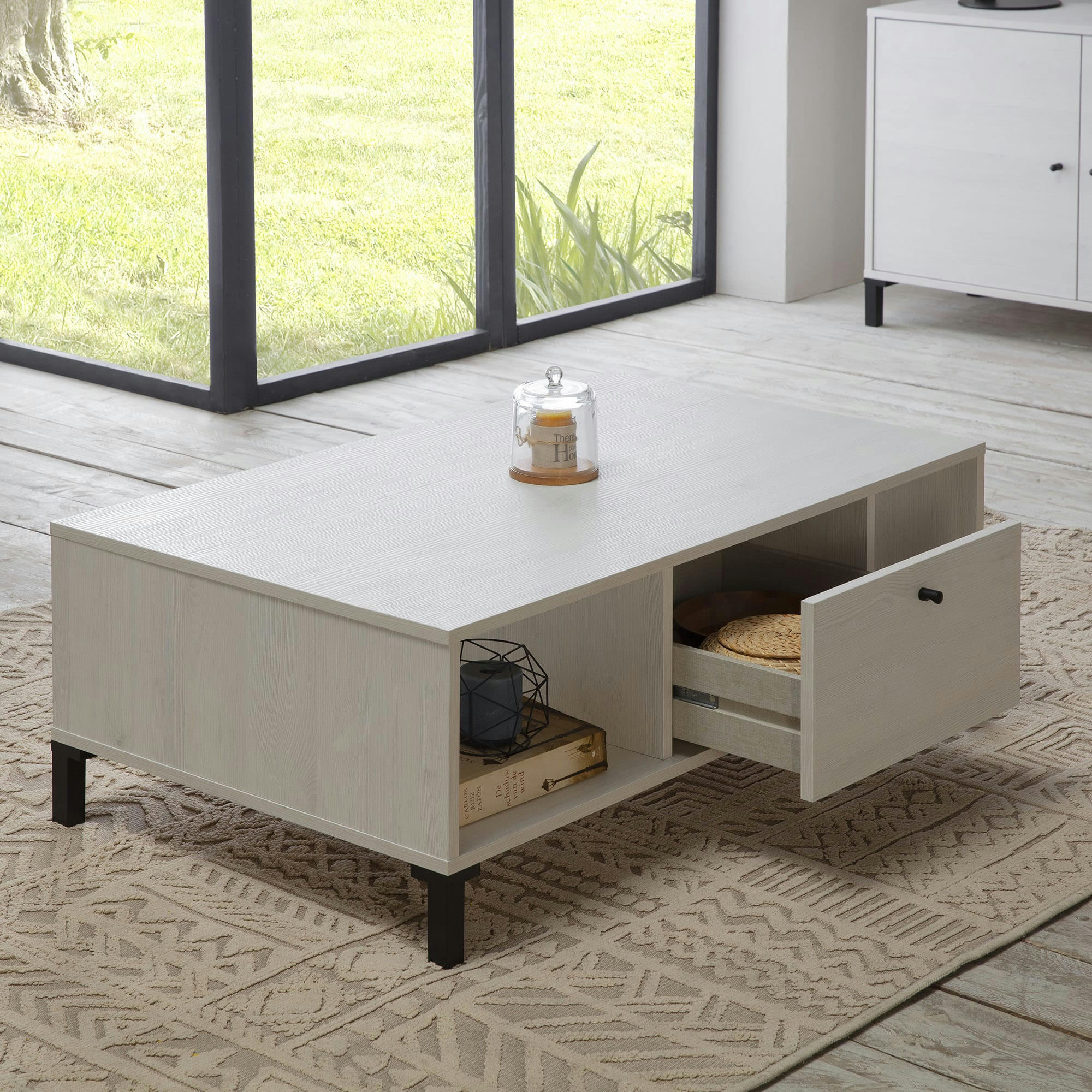 JAVEA - Table basse 1 tiroir 2 niches, couleur blanc et bois, 100 cm longueur