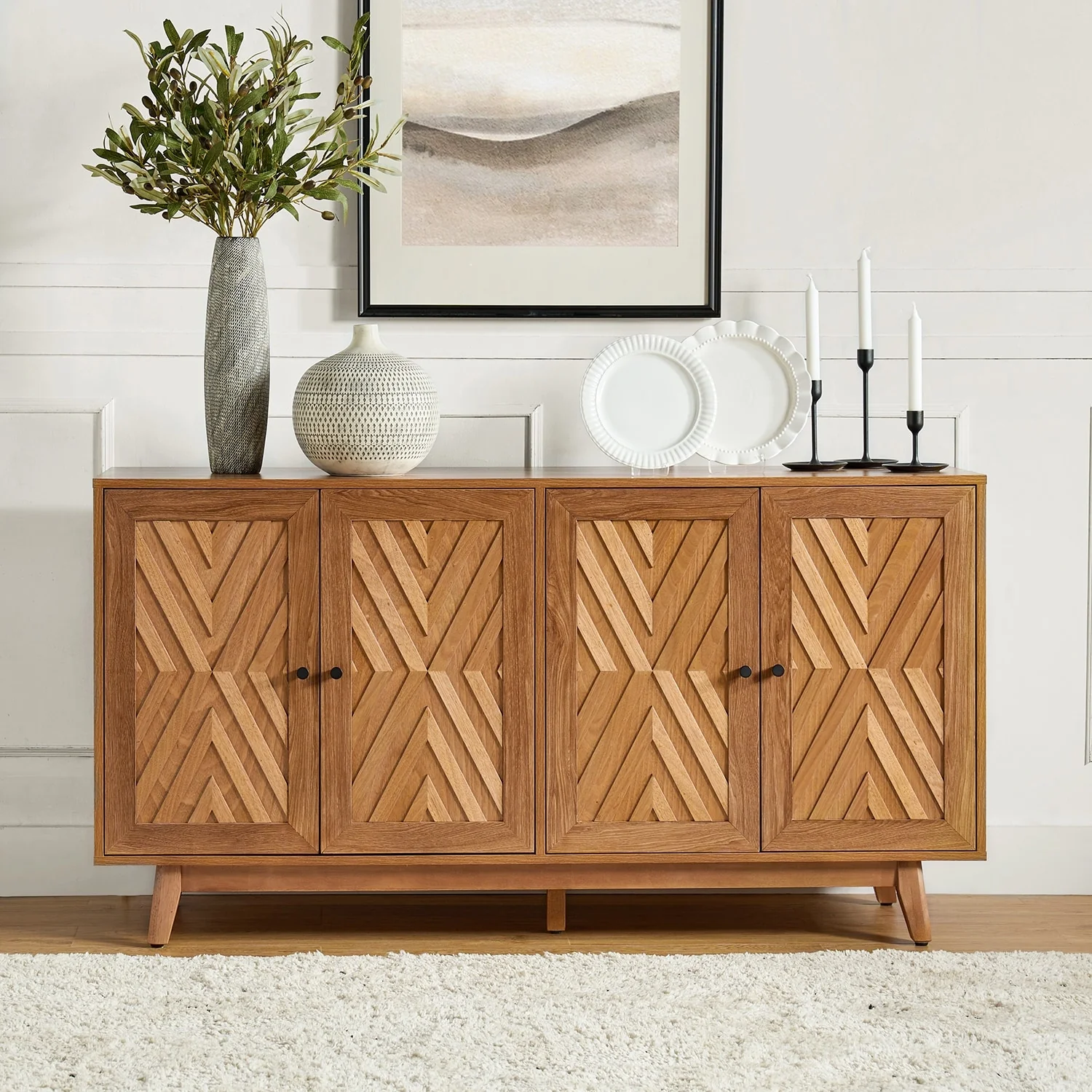 Tobias 57Wide Mid-century Chevron-patterned Sideboard with Adjustable Shelves by HULALA HOME