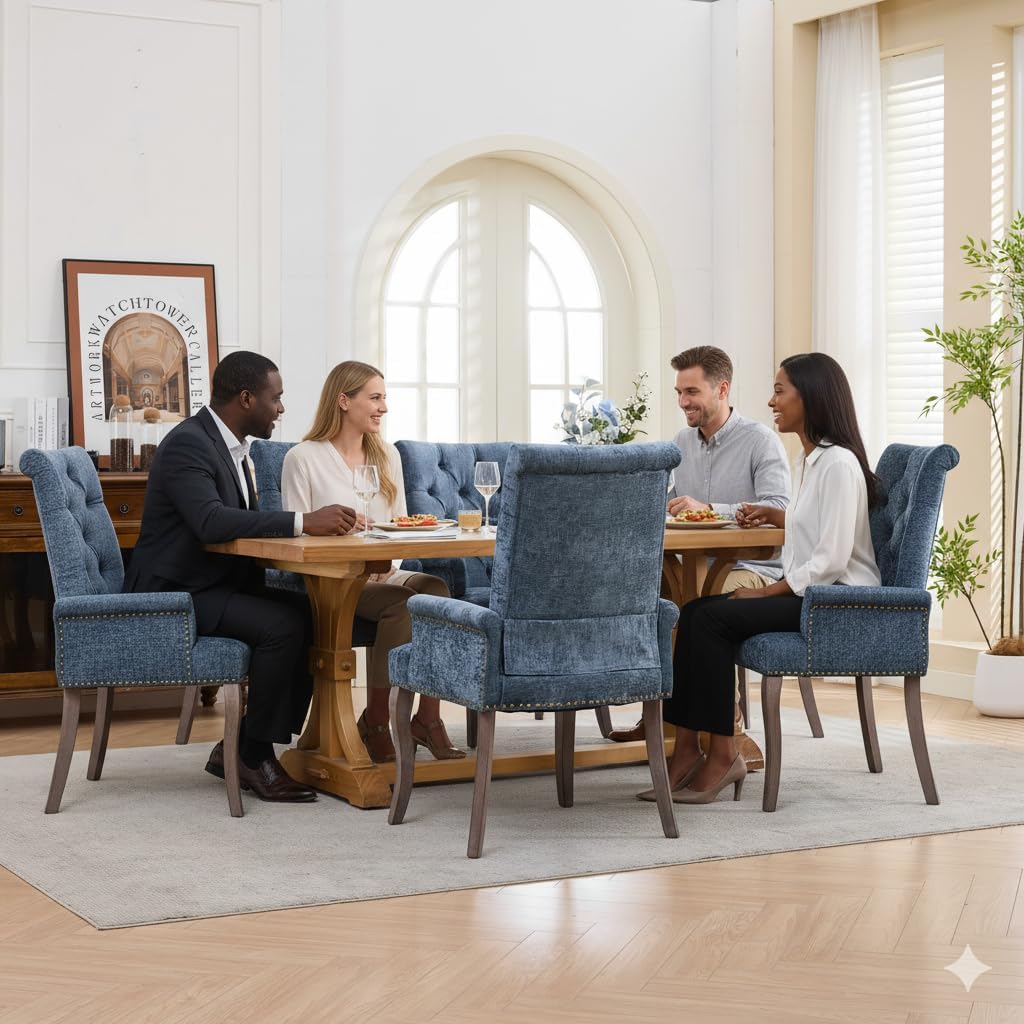 Upholstered Tufted Chenille Dining Chairs with Arms & Nailhead Trim – Solid Wood Frame & Legs, Modern Farmhouse for Dining, Kitchen & Living Room (Set of 6, Blue)