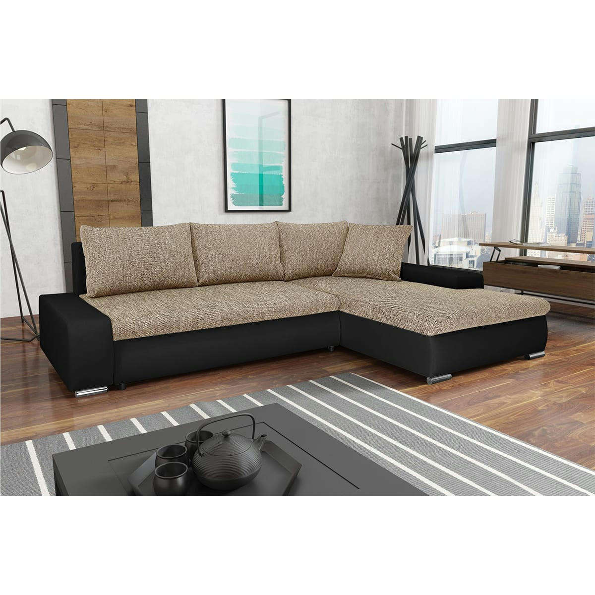 - Canapé d'angle convertible droit 4 places beige et noir