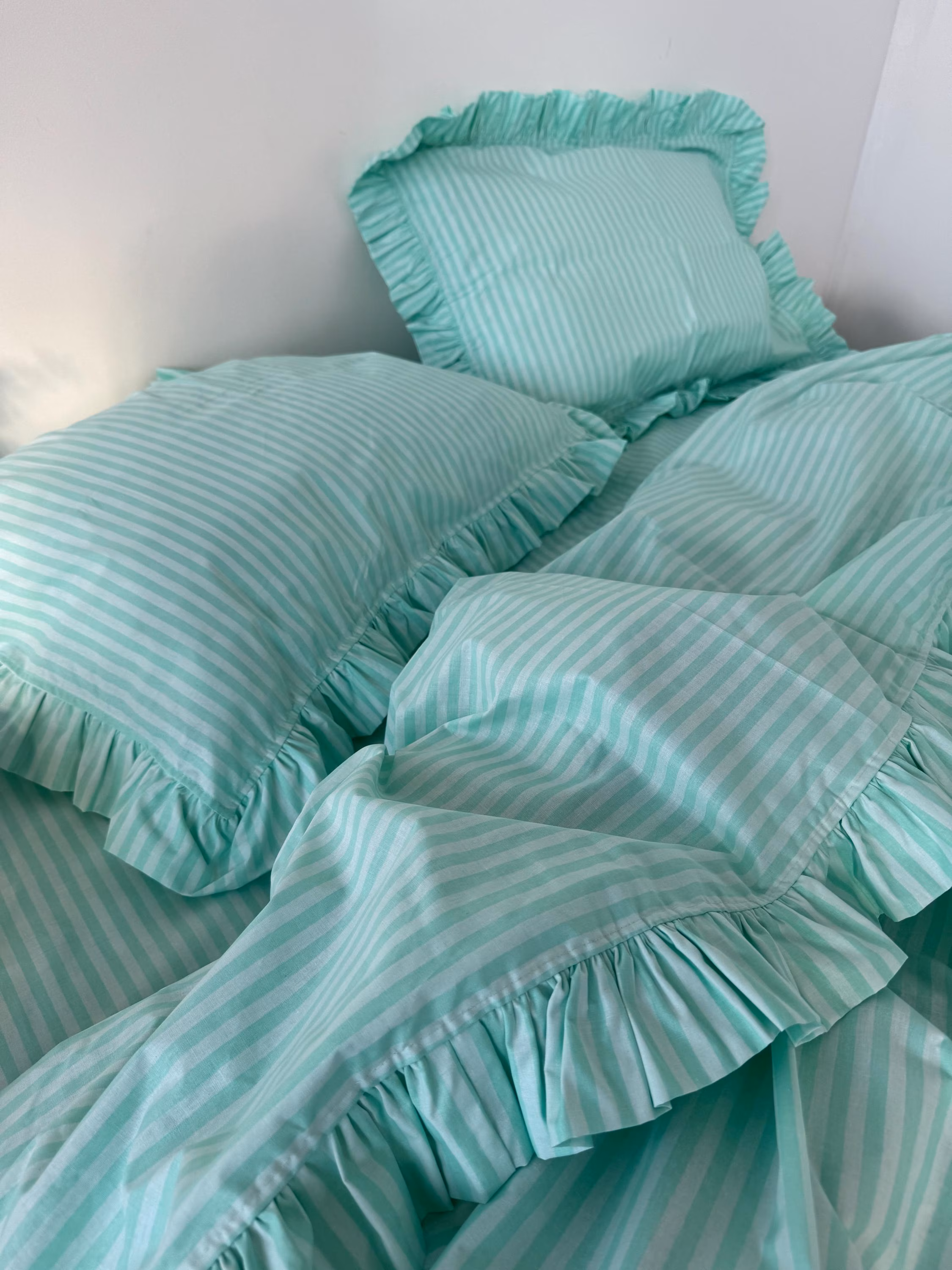 Ruffled Mint Striped Cotton Bedding Set: Duvet Cover, Pillowcases, Flat or Fitted Sheet