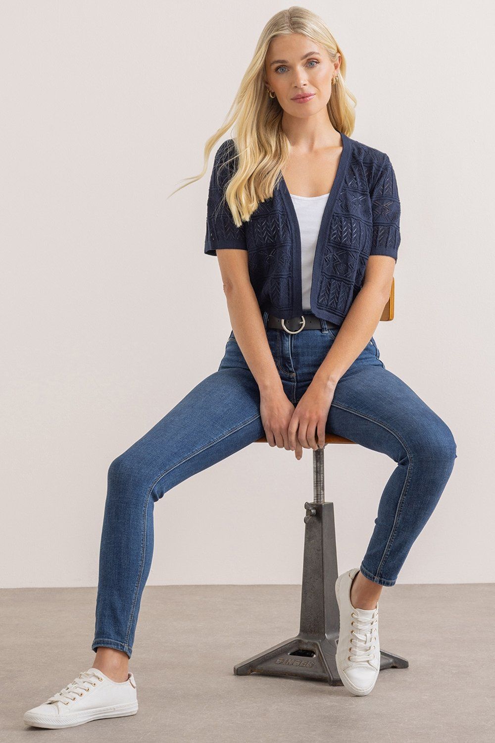 Klass. Short Sleeve Cropped Pointelle Cotton Cardigan
