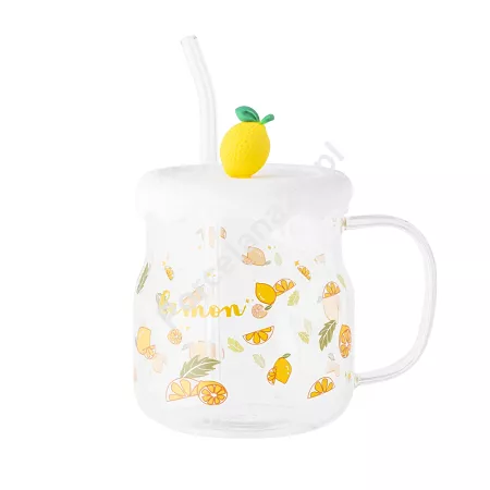 Kubek szklany z silikonową pokrywką i szklaną słomką 600 ml Altom Design - Cytryna 07.K.3516