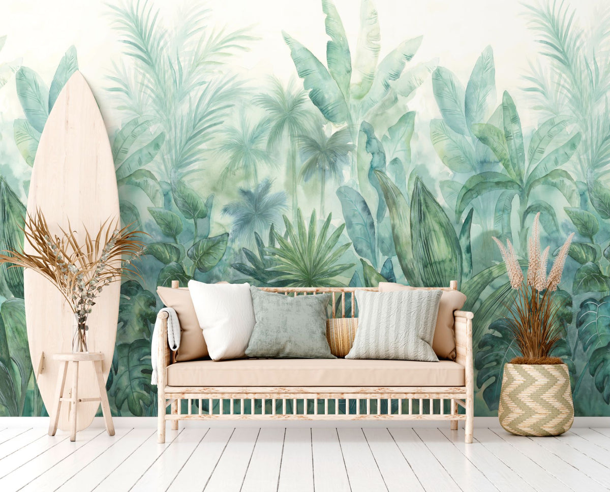 Livingwalls fotobehang tropische bladeren groen, blauw en crème - 265 x 280 cm - AS-392301