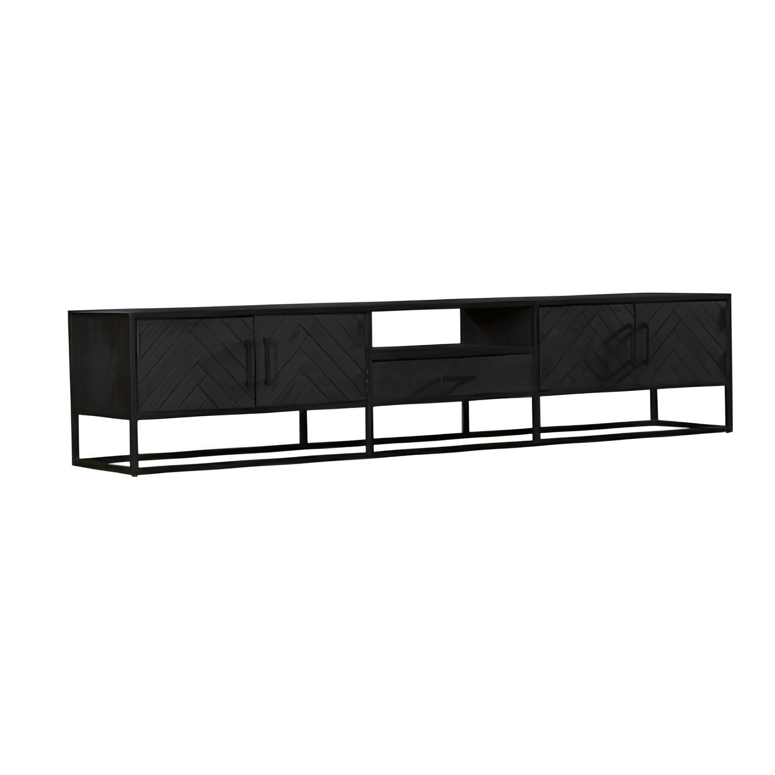 Long meuble TV bois noir 4 portes motif chevron ALVERA