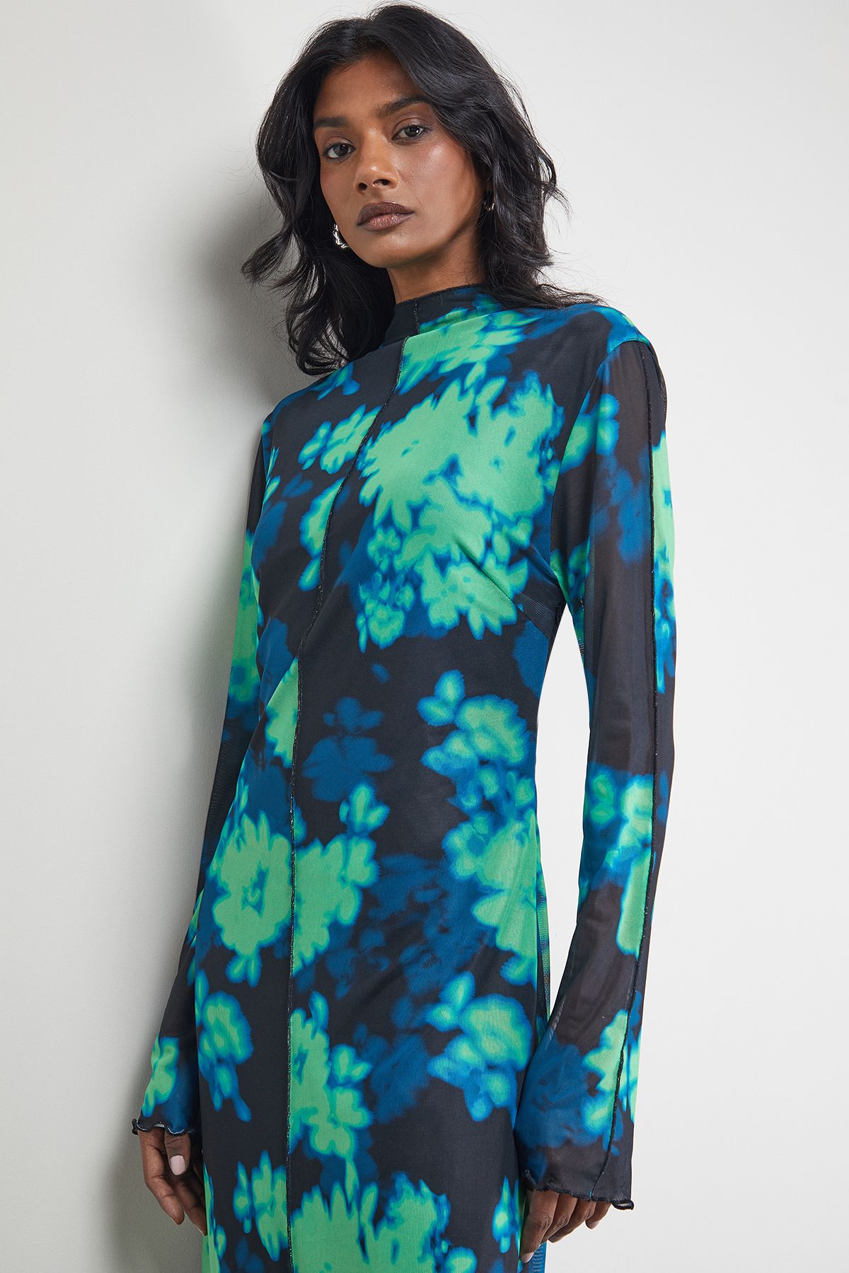Warehouse Print Mesh Lettuce Edge Maxi Dress