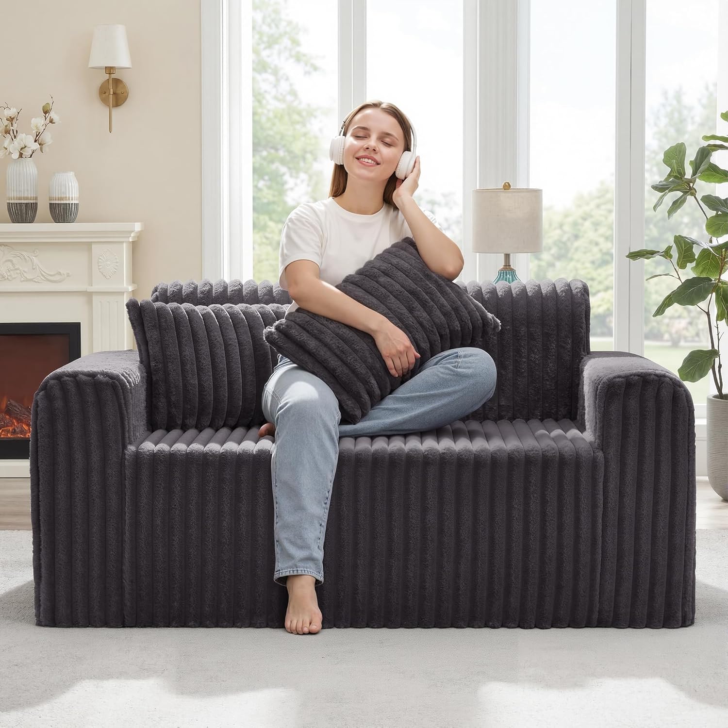 Hobestluk Couch Sofa 2-Seater Foam Sofa Loveseat for Small Spaces Comfy Sofas with Removable Cover Furry Couch with Pillows for Living Room, Bedroom, Apartment, Office (Dark Grey, Loveseat)