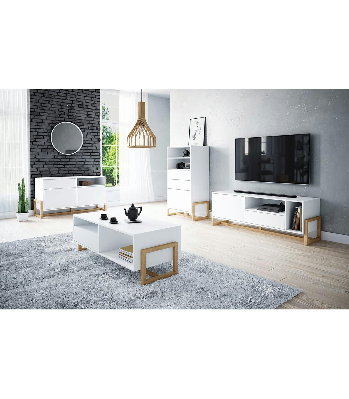 OSLO - Meuble TV 2 portes 2 niches avec pieds en hêtre L139 cm