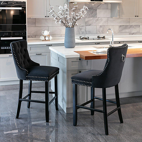 2 Tabourets Bar Velours Noir - Pieds Bois, Clous