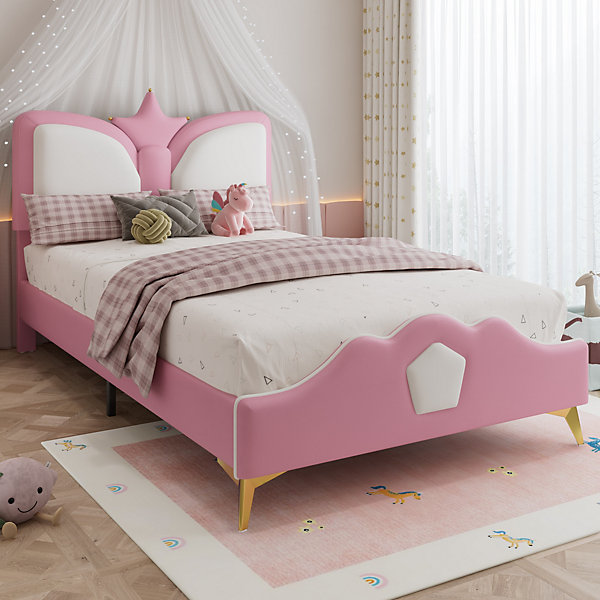 Lit Simple Enfant 90x200 cm, Tête de Lit Forme Couronne et Bordures Anti-Chocs, PU Mousse Contreplaqué, Sans Matelas, Rose/Blanc