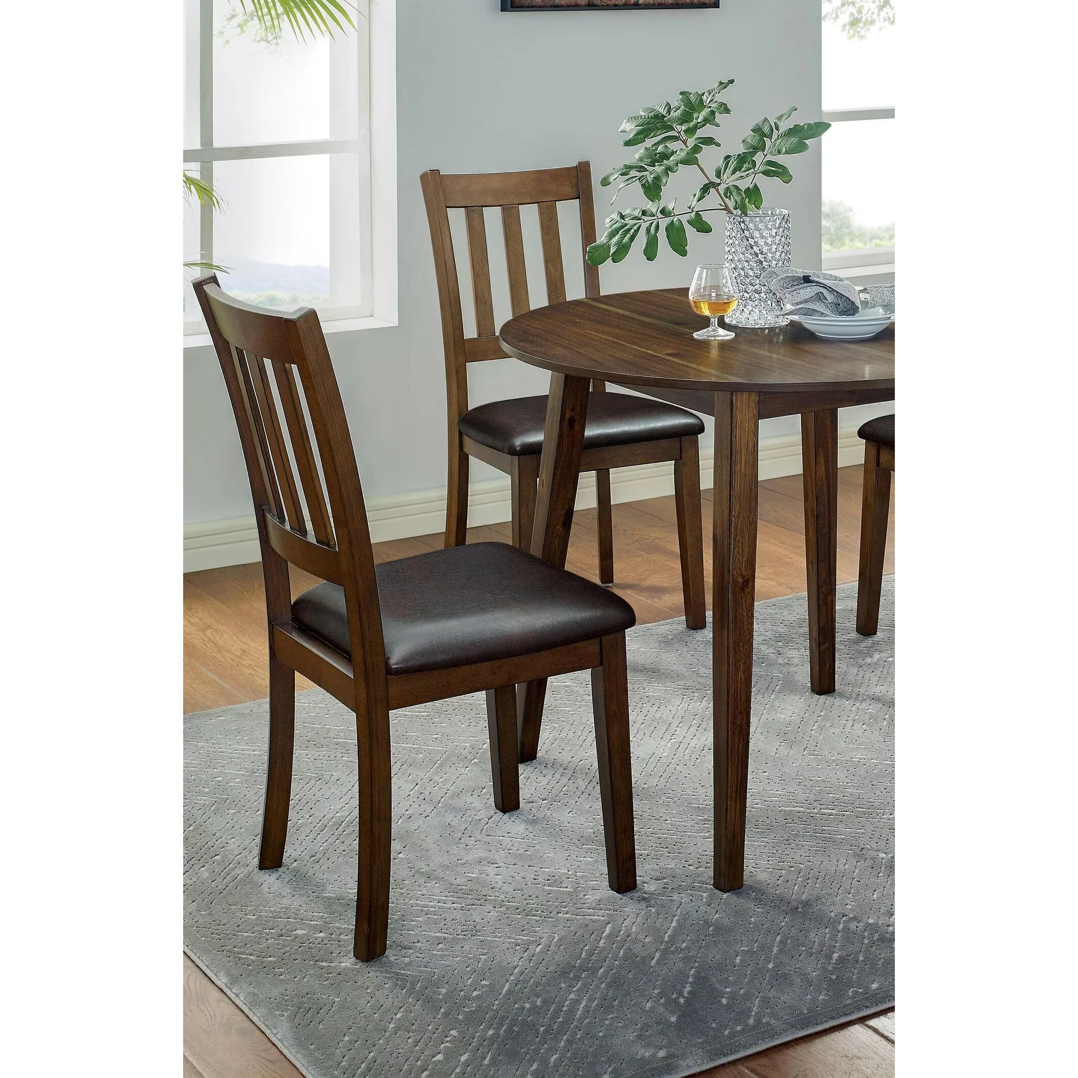 Kitchen 5pc Dining Set Round Dining Table And 4x Side Chairs Transitional Solid wood Leatherette Padded Seat