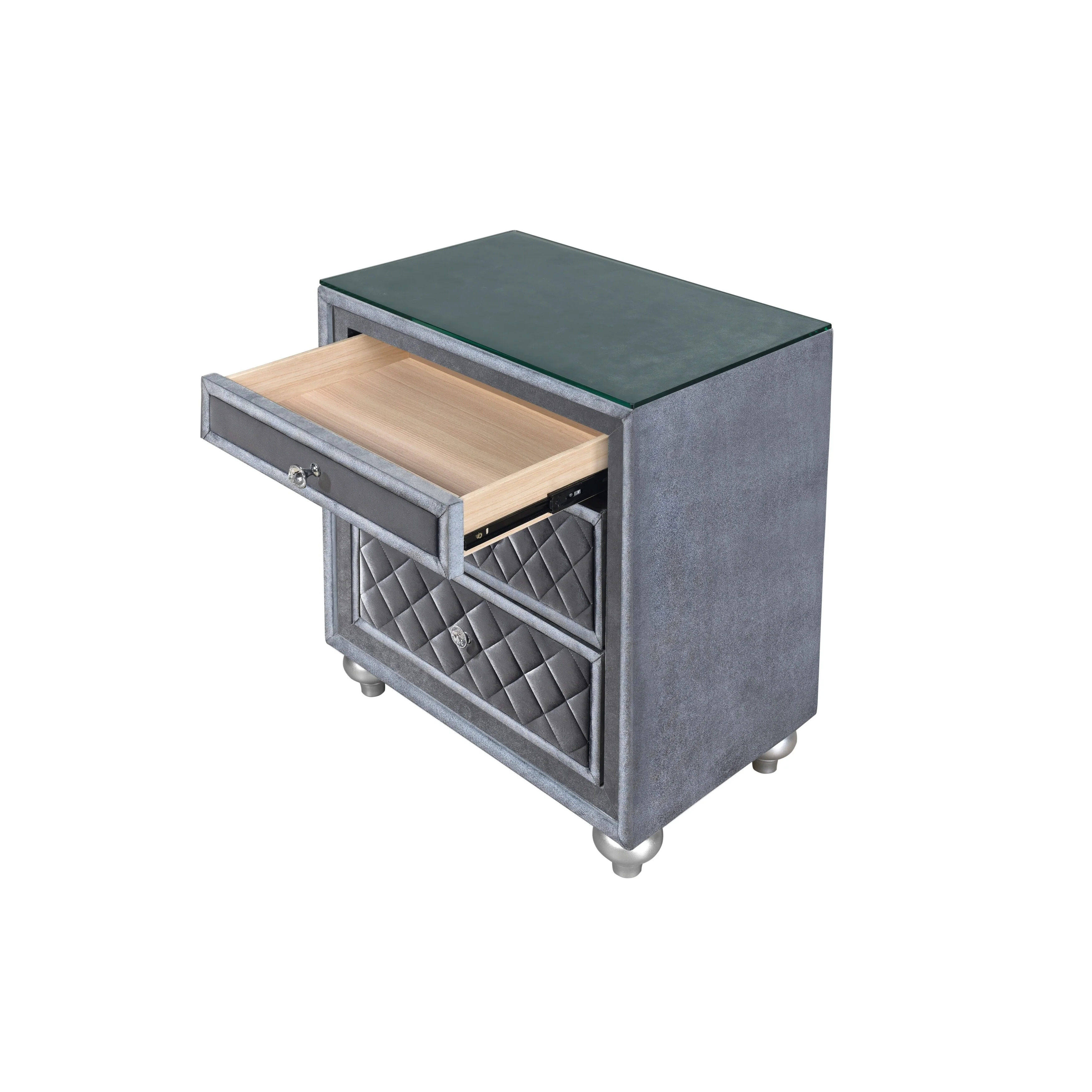 1pc Glam 3-Drawer Nightstand Velvet Tufted Drawer Front Jewelry Tray Faux Crystal Drawer Knobs