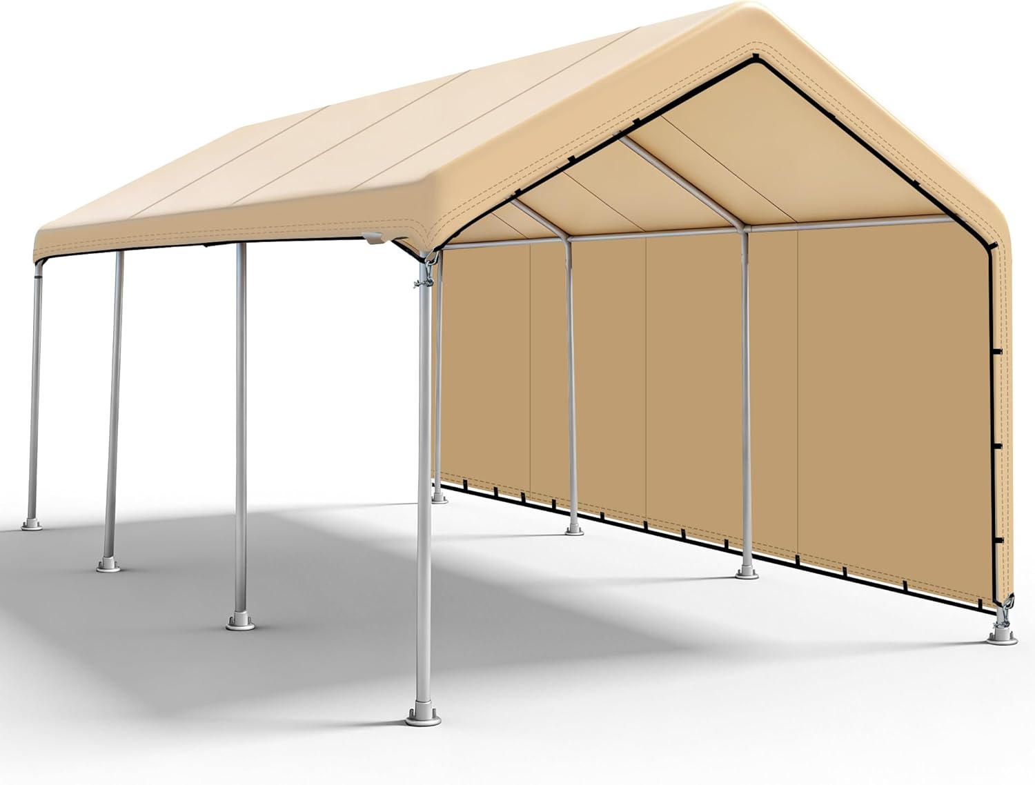 SIHAIAN 10 x 20 Ft Carport Replacement Canopy Cover with Sidewall(No Frame) Easy to Set up Carport Canopy, 500D Heavy-Duty Garage Top Tent Tarp Waterproof and UV Protected (Only Canopy Cover) Beige