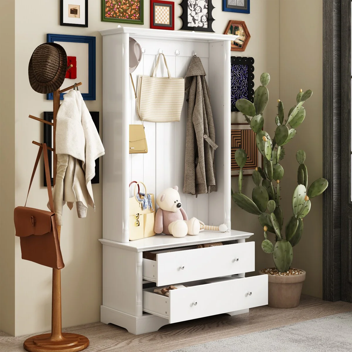 35.4Wx69.1H Classic White Hall Tree - Stylish Foyer Organization